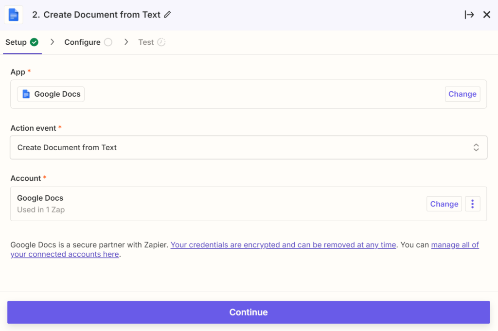 Zapier ajoute un document Google