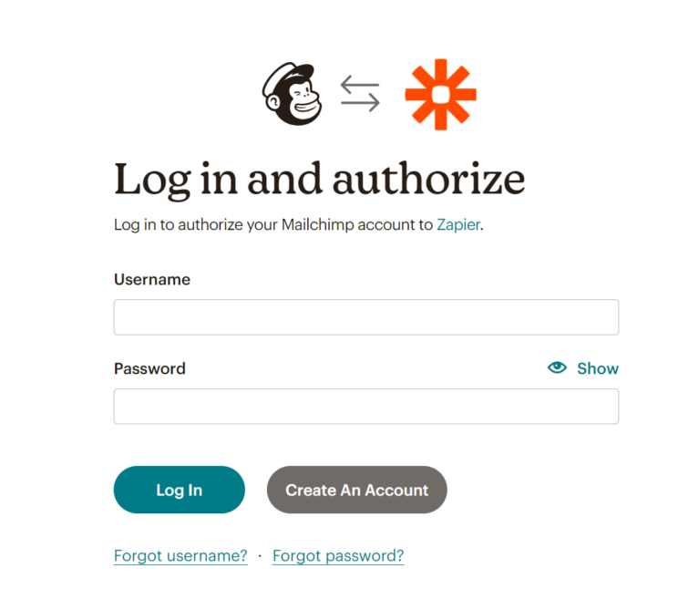 Connexion de votre compte Mailchimp à votre compte Zapier, étape 2.