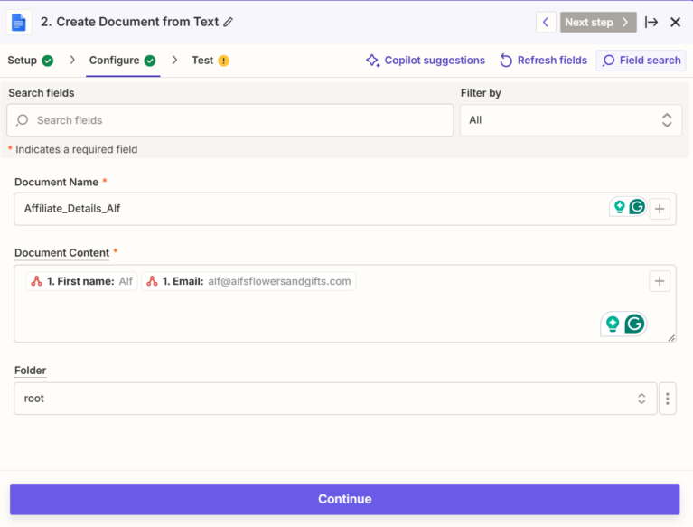 Zapier ajoute des données d'affilié pour tester l'action