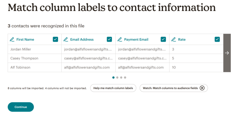 Données de colonne correspondantes dans Mailchimp.