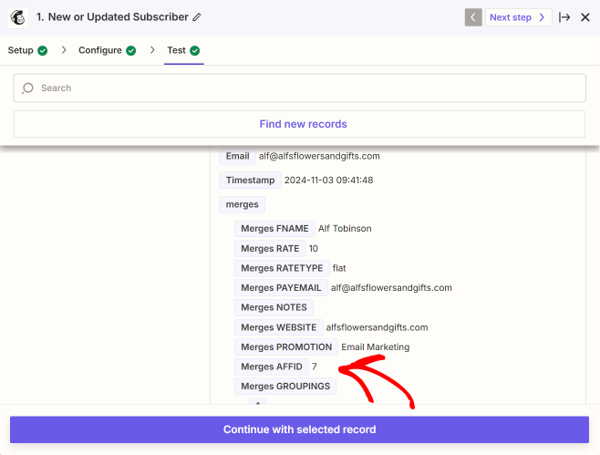 Test d'un déclencheur Mailchimp dans Zapier.