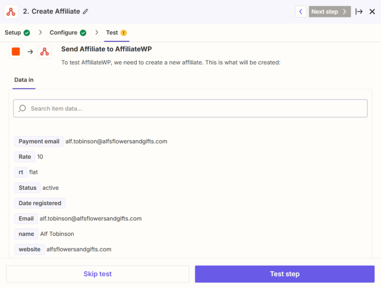 Test de l'action AffiliateWP