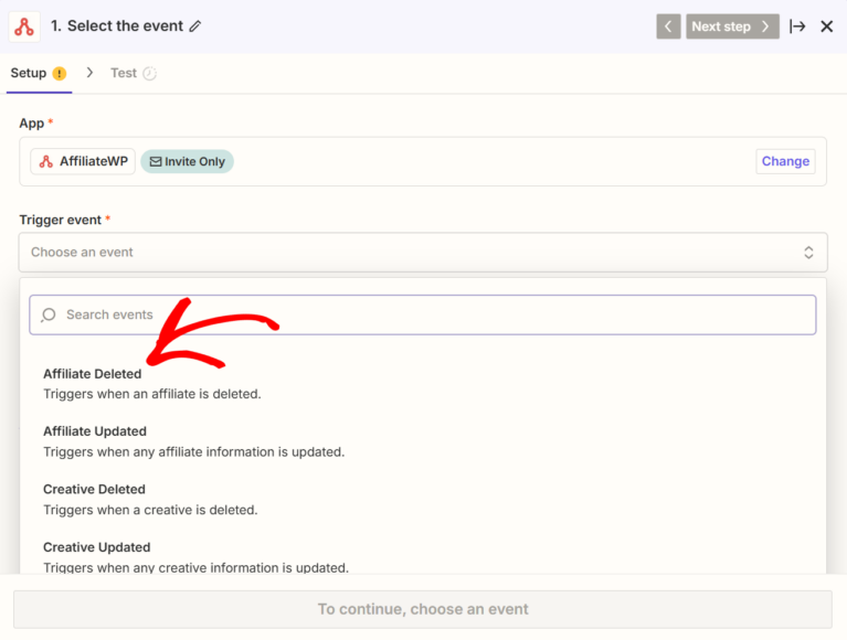 Sélectionner un événement AffiliateWP