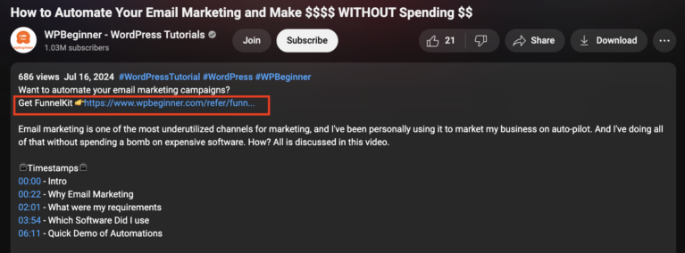 Exemple d'un lien d'affiliation dans la description d'une vidéo YouTube