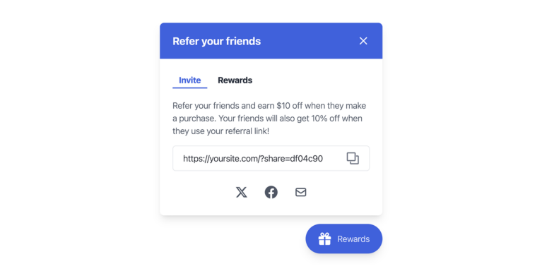 WordPress用のRewardsWP紹介プログラムプラグインの「招待」タブ。ユニークな紹介リンクとソーシャル共有ボタンが表示されます。