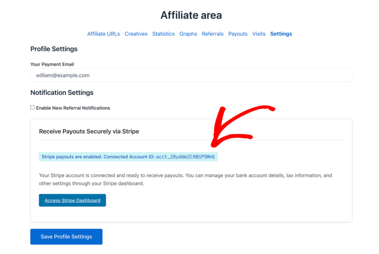 Affiliate area Stripe account ID