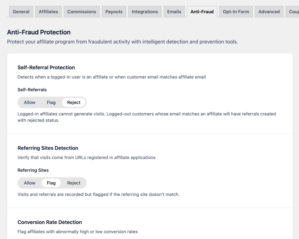 AffiliateWP Anti-Fraud settings tab showing Self-Referral Protection, Referring Sites Detection, and Conversion Rate Detection.