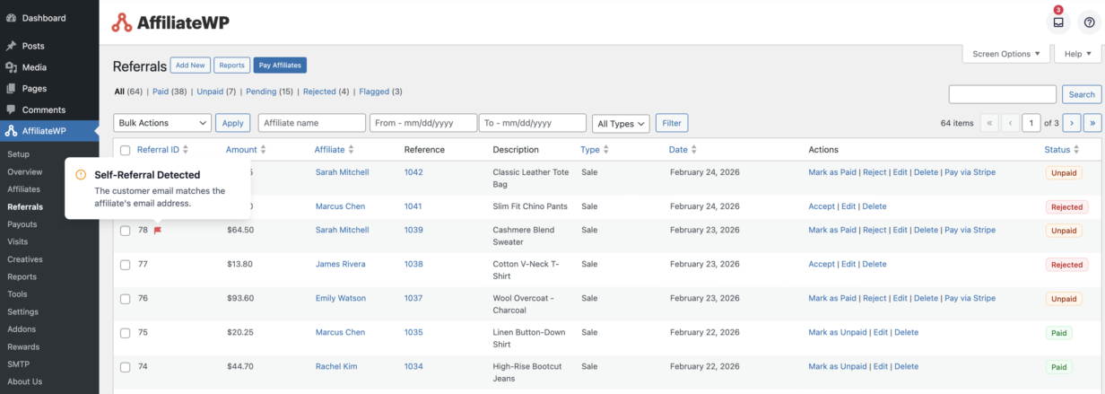 AffiliateWP referrals list showing a red fraud flag icon next to flagged referral, with a tooltip reading "Self-Referral Detected"