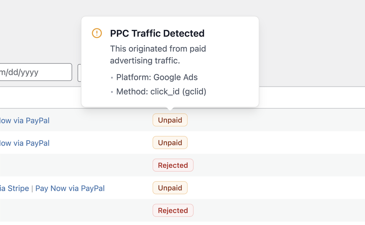AffiliateWP referrals list showing a list of referral statuses and a tooltip reading "PPC Traffic Detected" showing Platform: Google Ads and Method: click_id (gclid)