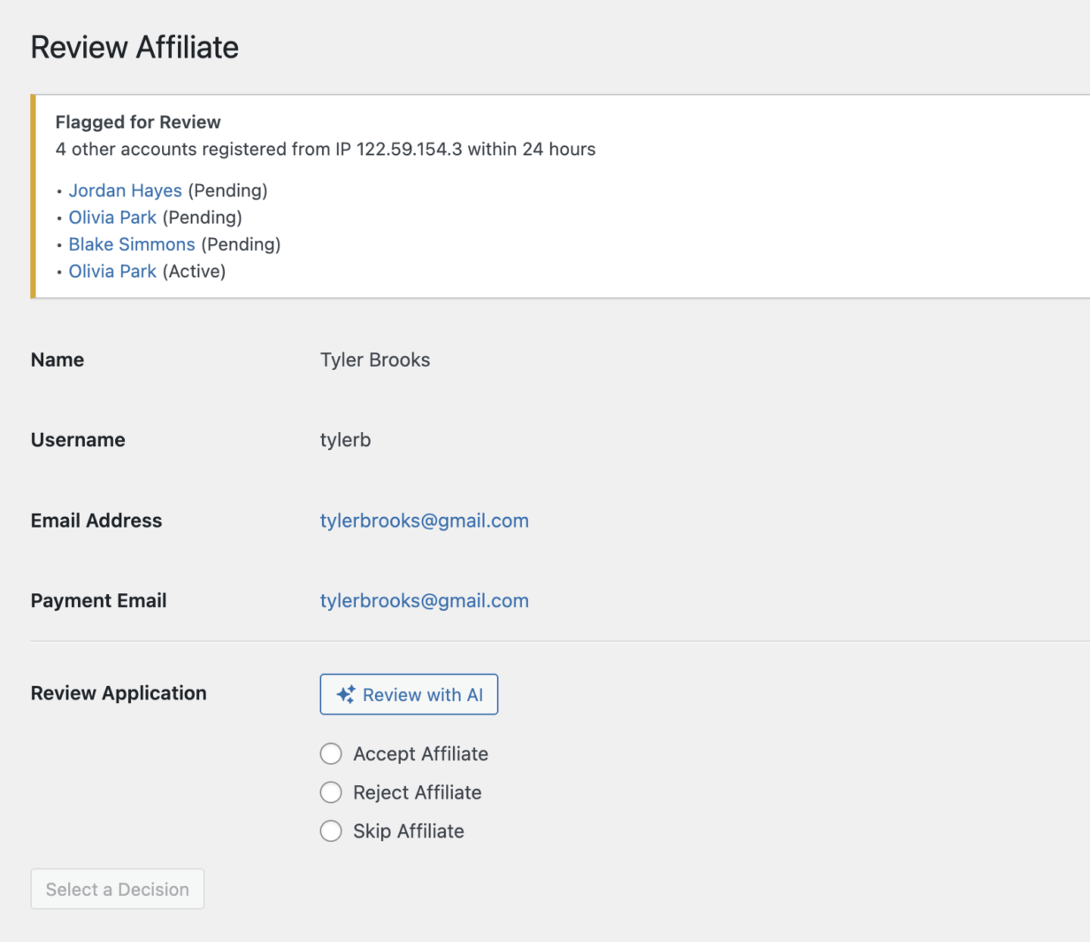 Affiliate review screen showing a "Flagged for Review" warning: 4 other accounts registered from the same IP within 24 hours, with links to affiliates