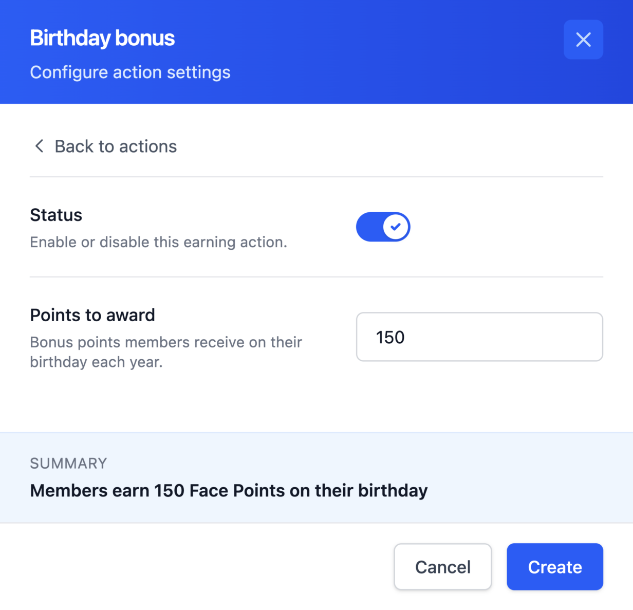 ステータスが有効になり、付与するポイントが150に設定された誕生日ボーナス獲得アクション設定パネル