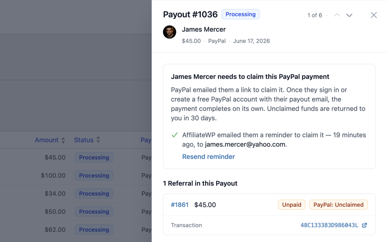 Un pago de AffiliateWP marcado como No reclamado que muestra los días restantes para reclamarlo y una opción para reintentar a través de otro método