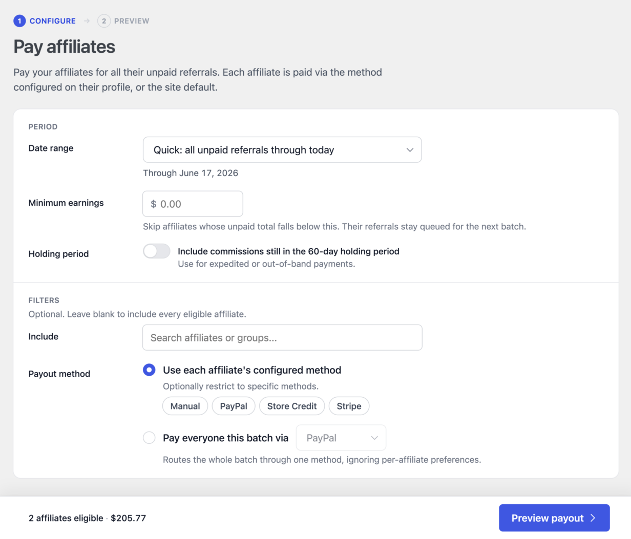 Vista previa de pago de AffiliateWP que muestra el desglose por método de una ejecución única entre PayPal, Stripe y crédito de tienda antes de enviar