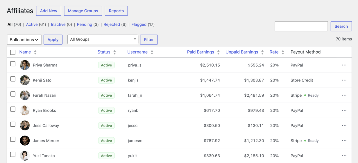 Lista de afiliados de AffiliateWP con una columna de método de pago que muestra PayPal, Stripe y crédito de tienda entre los afiliados