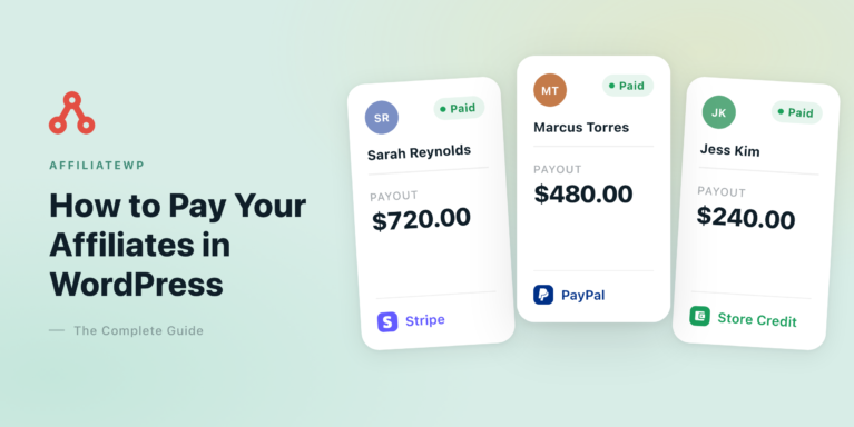 AffiliateWPガイドのバナー：WordPressでアフィリエイターに支払う方法。3つの支払いカードと支払いロゴ（Stripe、PayPal、ストアクレジット）付き。