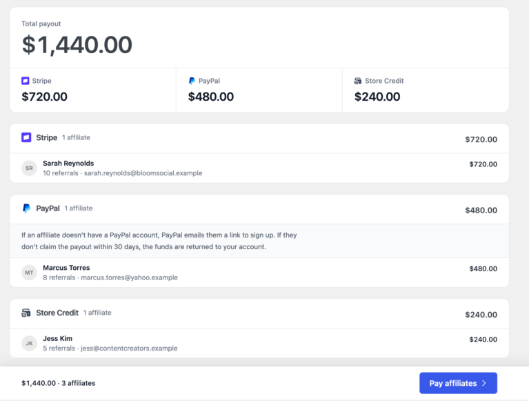 page de paiement des affiliés avec le montant du parrainage