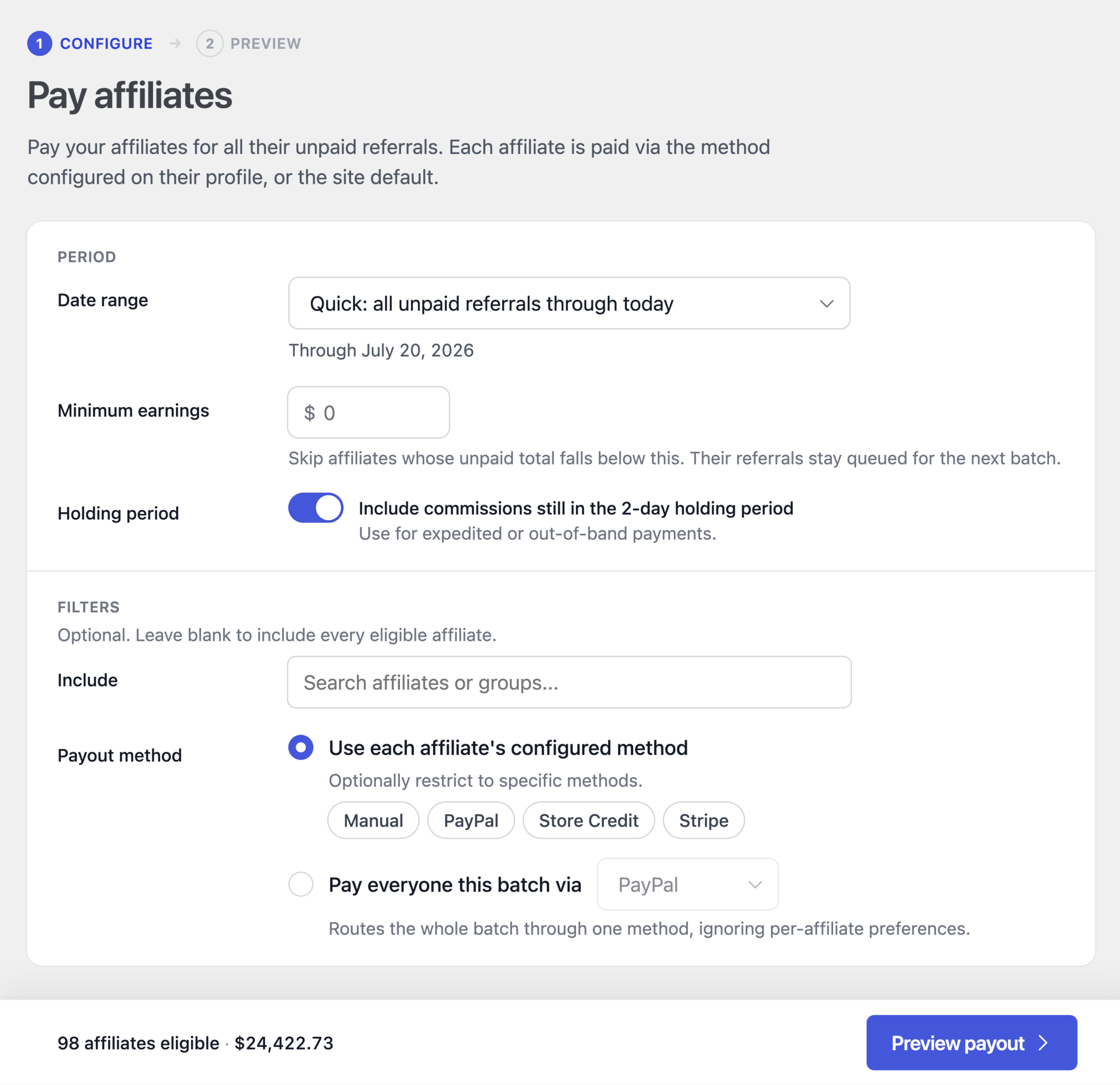 UI for configuring affiliate payouts with sections for period, minimum earnings, and filters. Includes a date range picker set to 'Quick: all unpaid referrals through today' and a toggle for including commissions in the 2-day holding period.