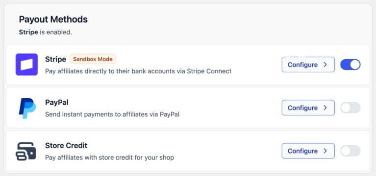 AffiliateWP Settings, Payouts tab, showing Stripe Connect, PayPal Payouts, and Store Credit method cards with toggle switches to enable each.
