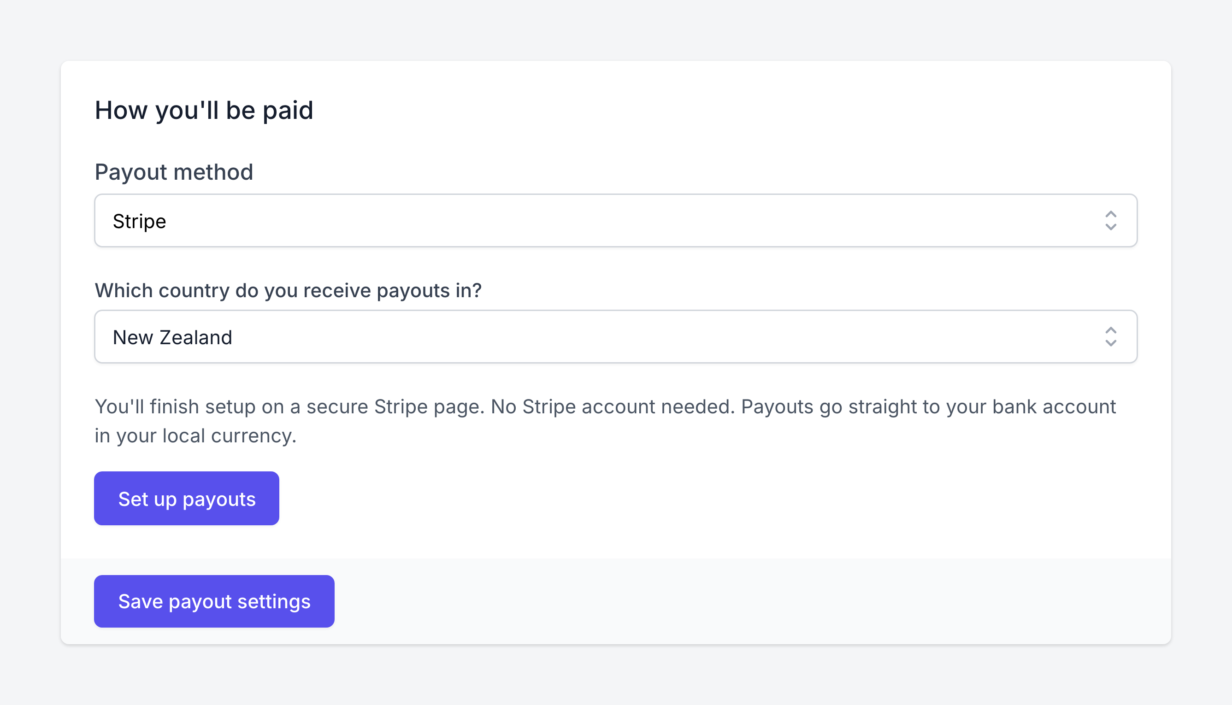 As configurações de pagamento de um afiliado na área de afiliados do AffiliateWP, com Stripe escolhido como método de pagamento, Nova Zelândia como país de pagamento e um botão Configurar pagamentos