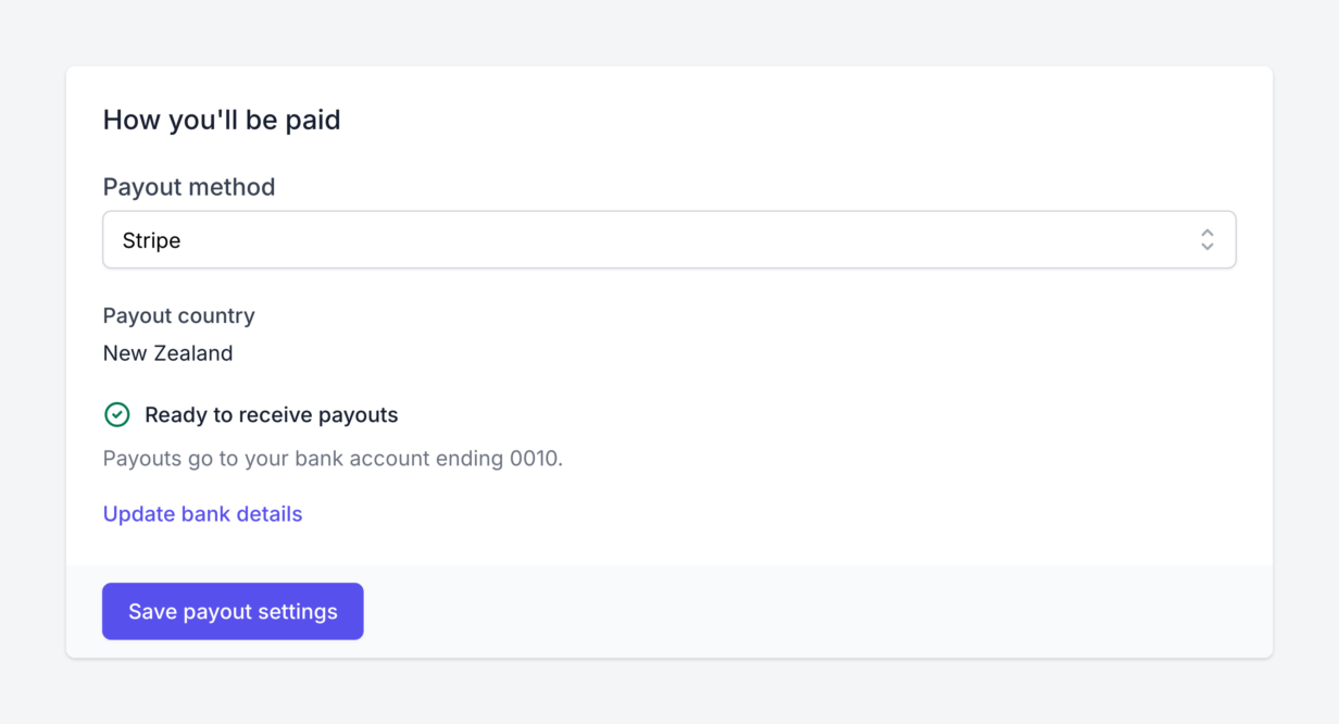 As configurações de pagamento de um afiliado na área de afiliados do AffiliateWP mostrando Pronto para receber pagamentos, a conta bancária terminada em 0010 e um link Atualizar detalhes bancários