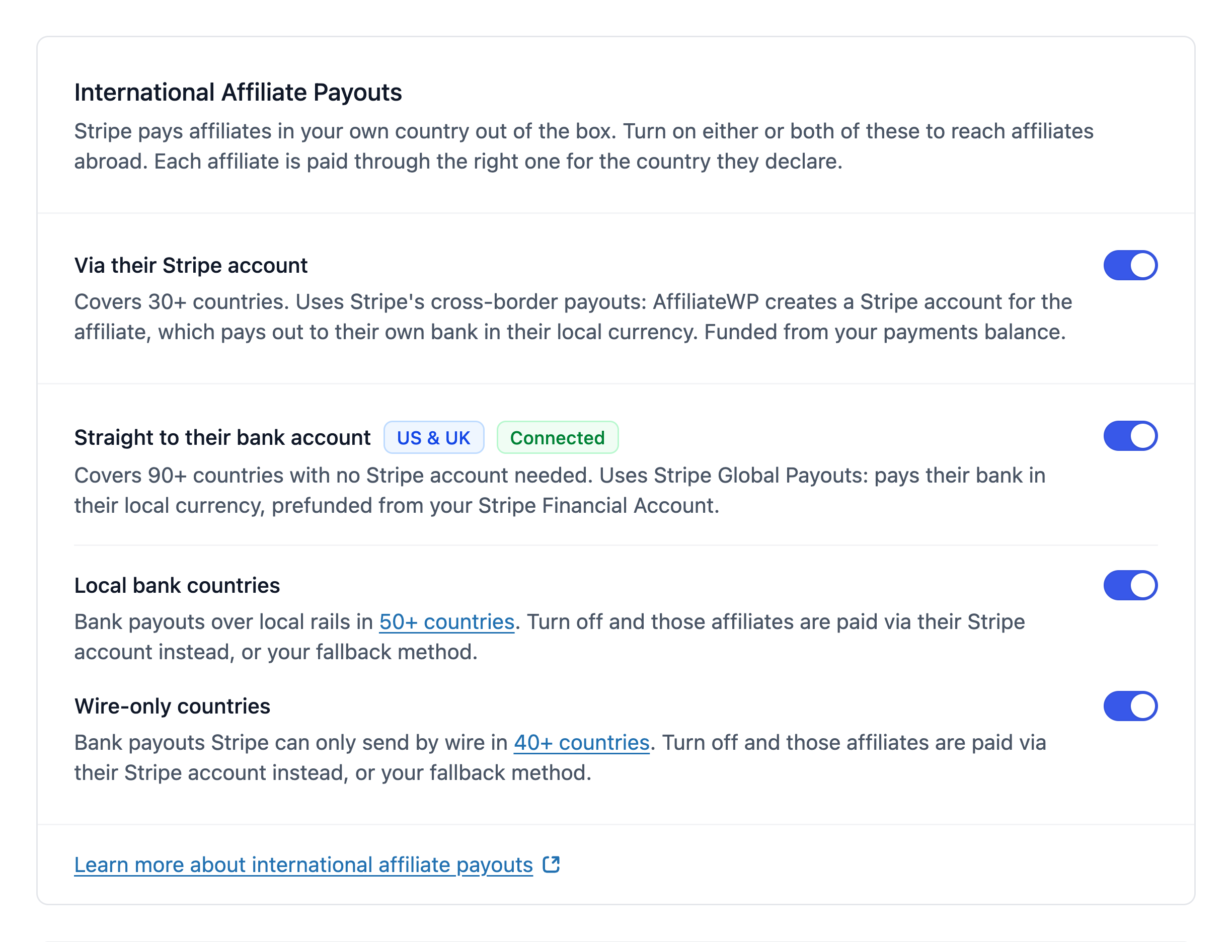 O grupo Pagamentos Internacionais de Afiliados nas configurações do AffiliateWP, com ambas as opções ativadas e os controles deslizantes de Países com banco local e Países apenas por transferência mostrando